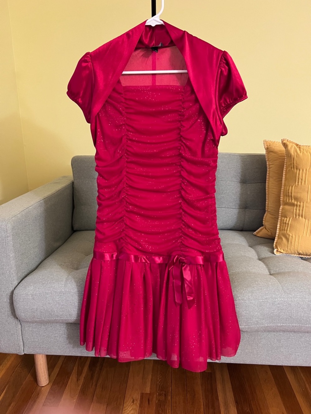 Feminine Ruched Mini Dress with Shrug in Hot Pink